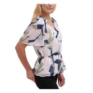 DKNY Womens Ivory Sheer Lined Elastic Waist Printed Short Sleeve  Peplum Top